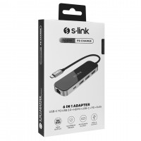 S-link SWV-USBC031 HDMI 4K 30Hz Gri Metal Type-C to 3*USB3.0 6 in 1, 10/100/1000Mbps RJ45 1xPD Şarj, 1xUSB-C Adaptör ( stokta var )